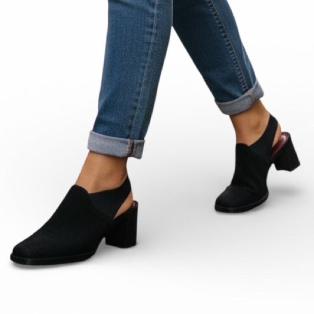 Donald J. Pliner Black Suede Slingback Block Heel Booties with Maroon Accent